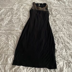 Black Knee Length Dress with Beaded Neckline